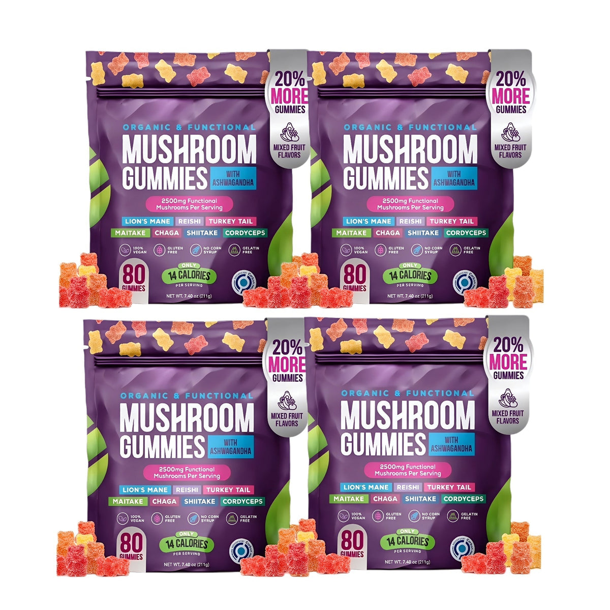 Organic Mushroom Gummies -Lions Mane Mushroom Supplement Gummies- Immune Defense, Boosts Cognitive Performance - 80 Gummies