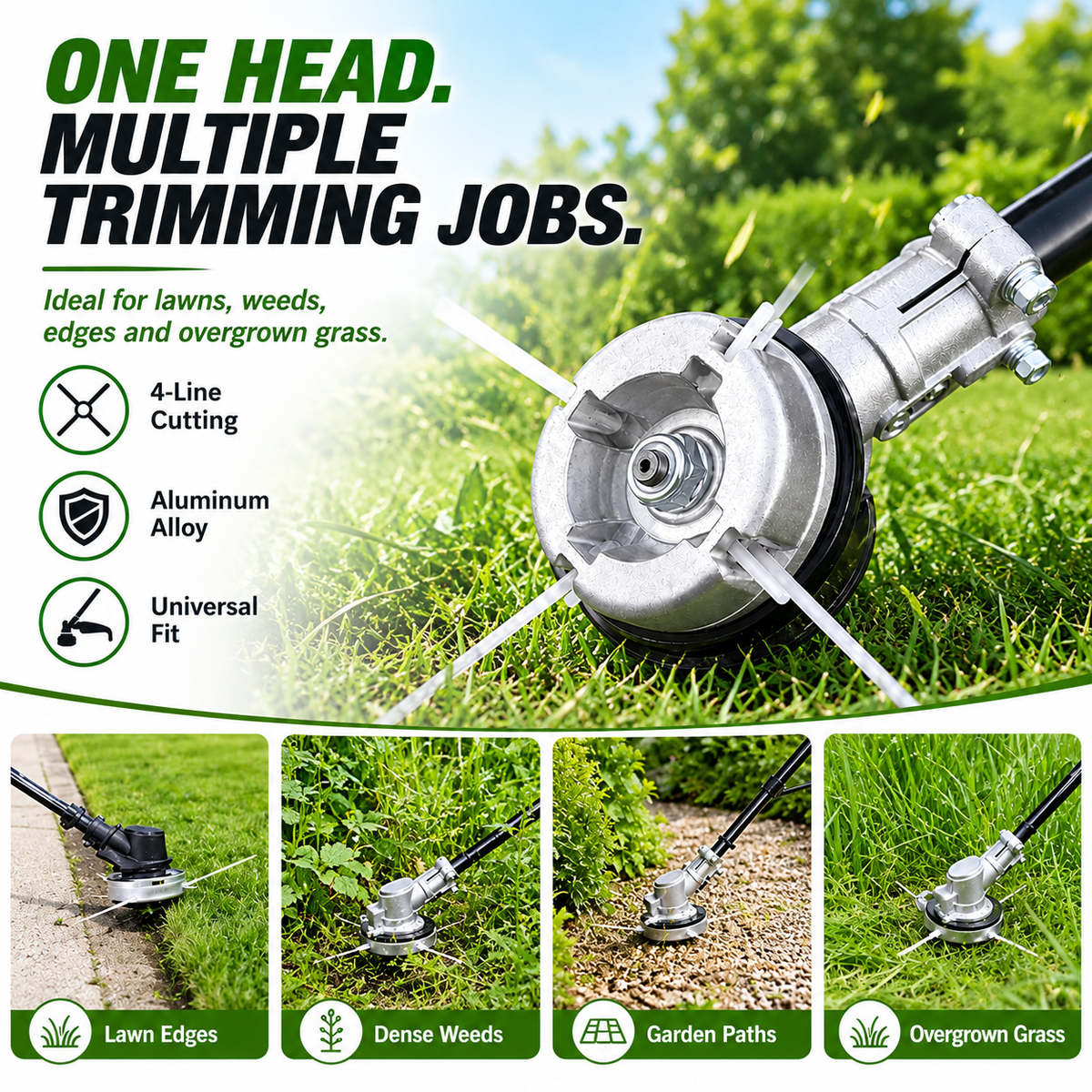 ⚙️ Aluminum Alloy Trimmer Head — 4-line cutting, universal fit, rugged and durable 🌿
