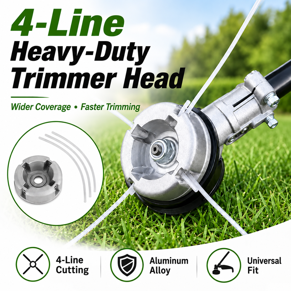 ⚙️ Aluminum Alloy Trimmer Head — 4-line cutting, universal fit, rugged and durable 🌿